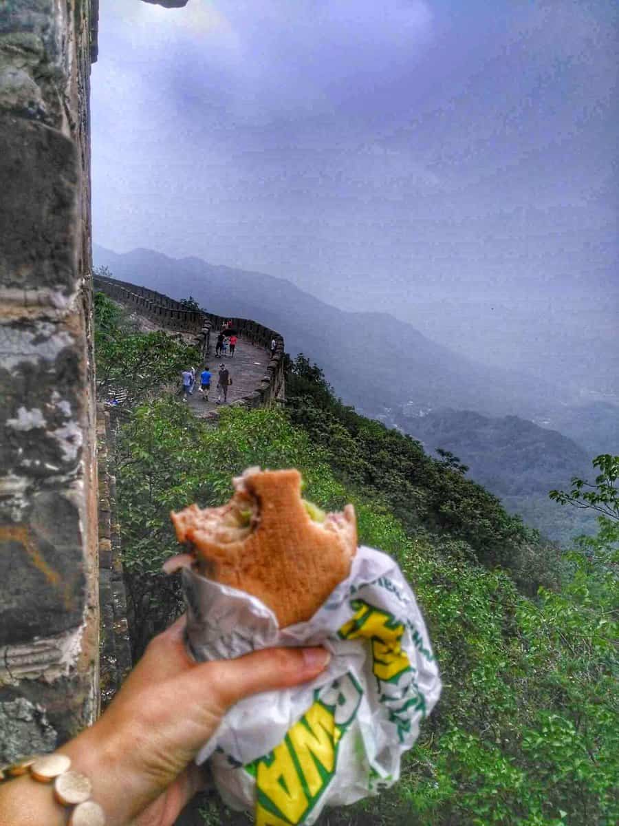 Eating Subway Sandwich at Mutianyu Great Wall, China
