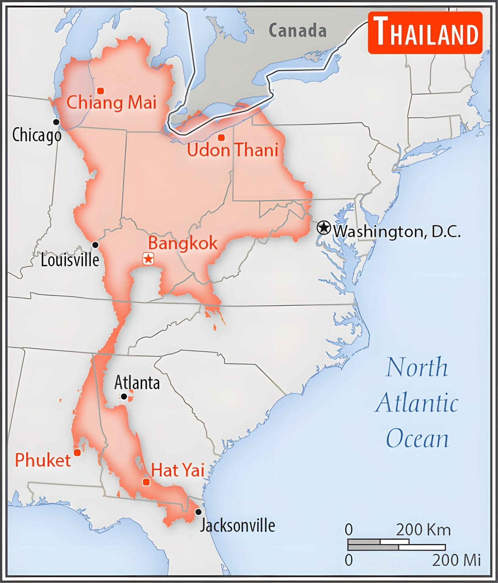 A map comparing the size of Thailand to the eastern region of the United States. Thailand is superimposed in red over the states, covering from Chicago to Jacksonville and from Louisville to Washington, D.C. Major cities in Thailand and equivalent U.S. cities are labeled.