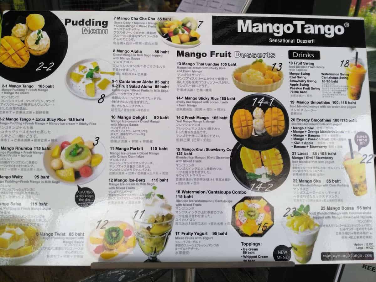 mango tango menu - best dessert in Chiang Mai, Thailand
