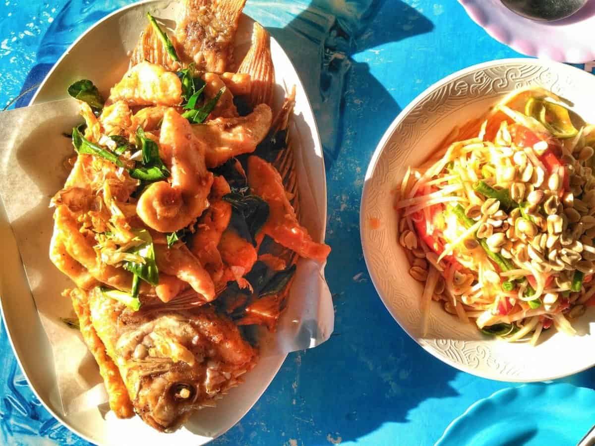 Fish and Som Tam Papaya Salad Lunch at Chiang Mai Lake