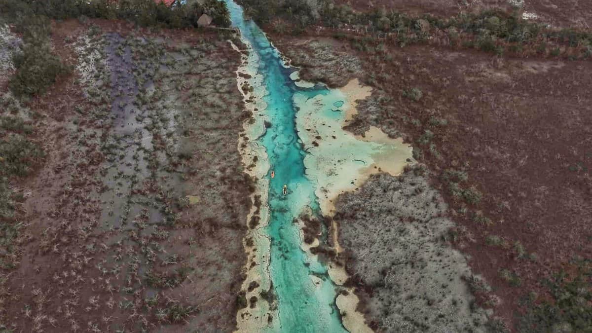Aerial view of the turquoise water and surrounding vegetation at Los Rapidos in Bacalar, Mexico.