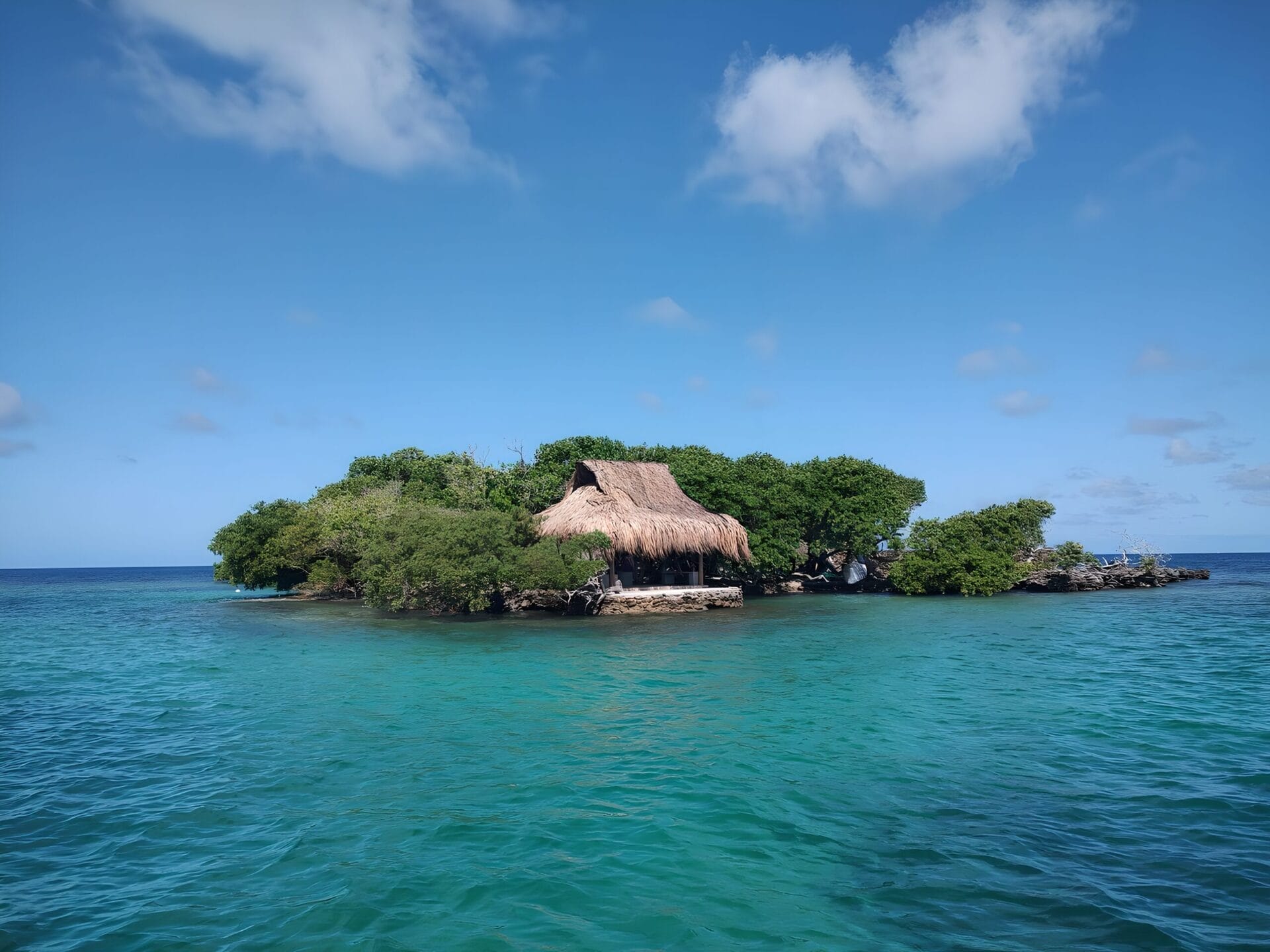 A small tropical island in the Rosario Islands off the coast of Cartagena, Colombia, featuring a thatched-roof hut surrounded by lush green trees and clear blue water under a bright blue sky.