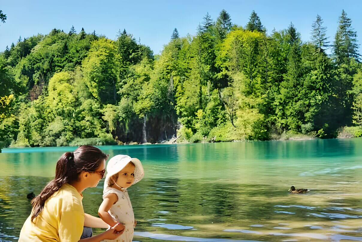 Lake at Plitvice Park A woman and a child enjoying the serene beauty of a lake with crystal-clear water and lush greenery in Plitvice, Croatia.