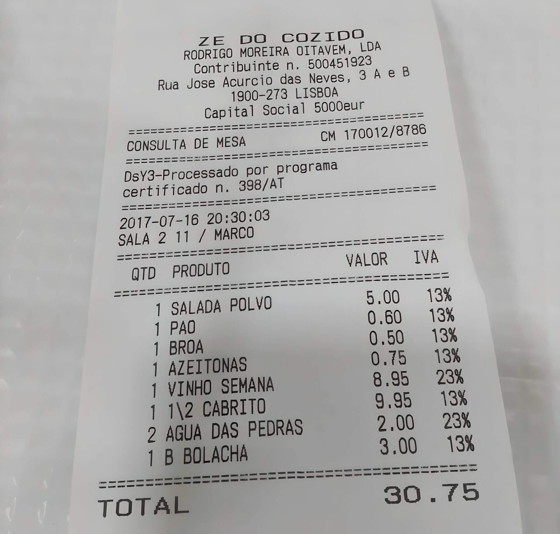 Lisbon Cost of Living - restaurant receipt