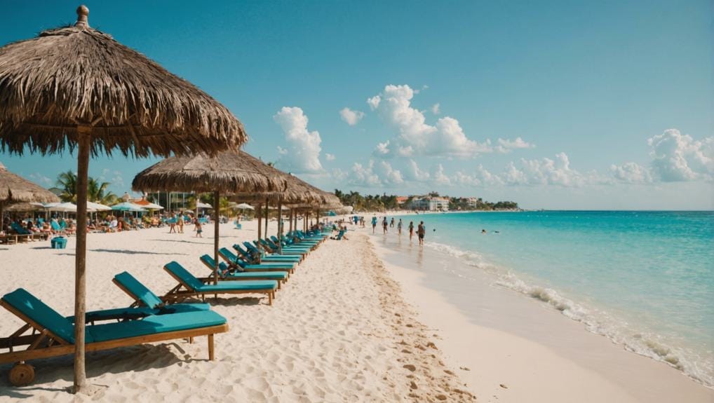 A sunny beach scene with straw umbrellas and blue lounge chairs on white sand, facing turquoise waters in Playa del Carmen, Riviera Maya, Quintana Roo, Mexico, with people walking along the shore and swimming in the sea.