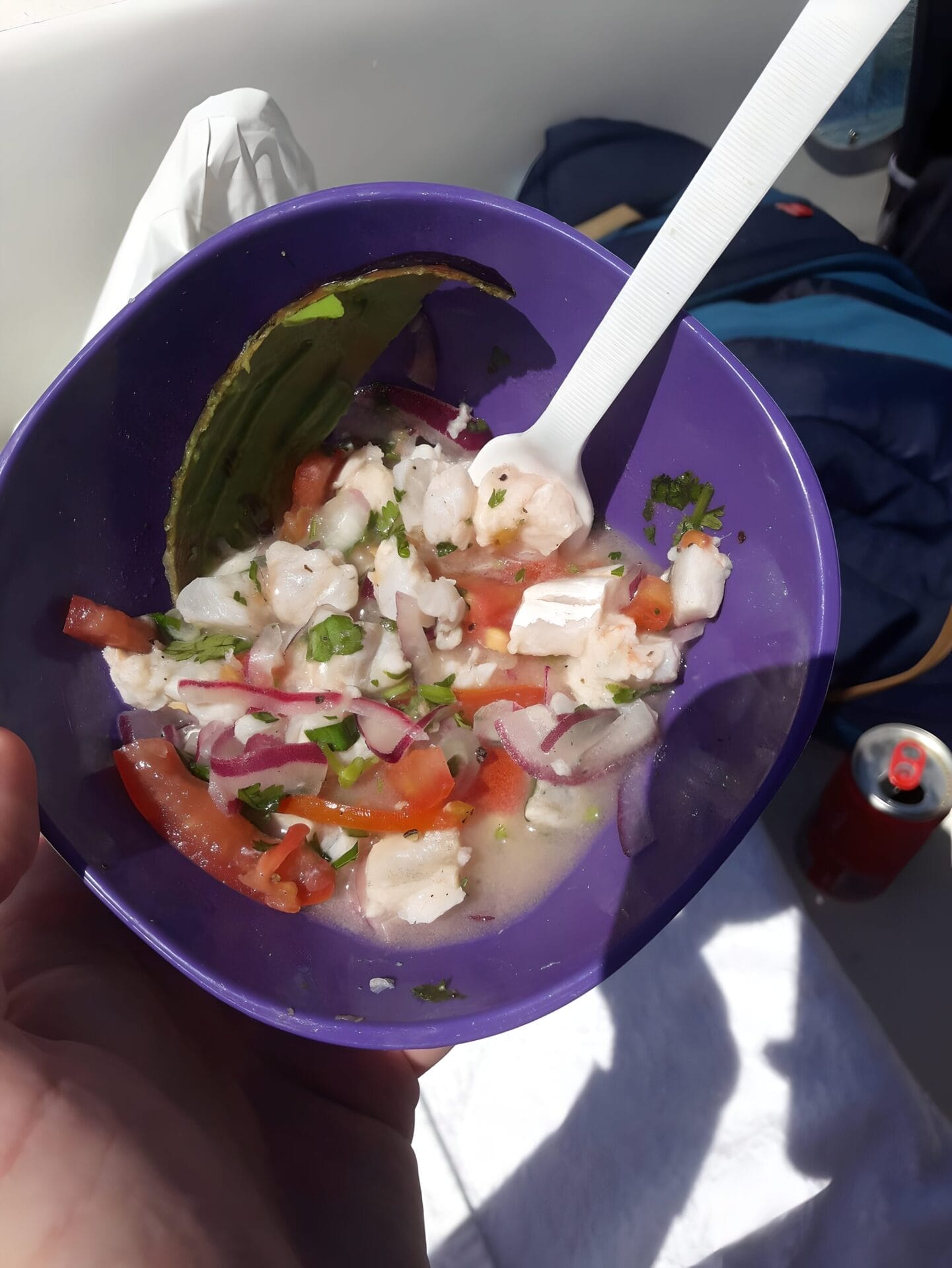 A hand holding a bowl of fresh ceviche with diced shrimp, red onions, tomatoes, cilantro, and avocado slices, on a boat off the coast of Holbox, Mexico.