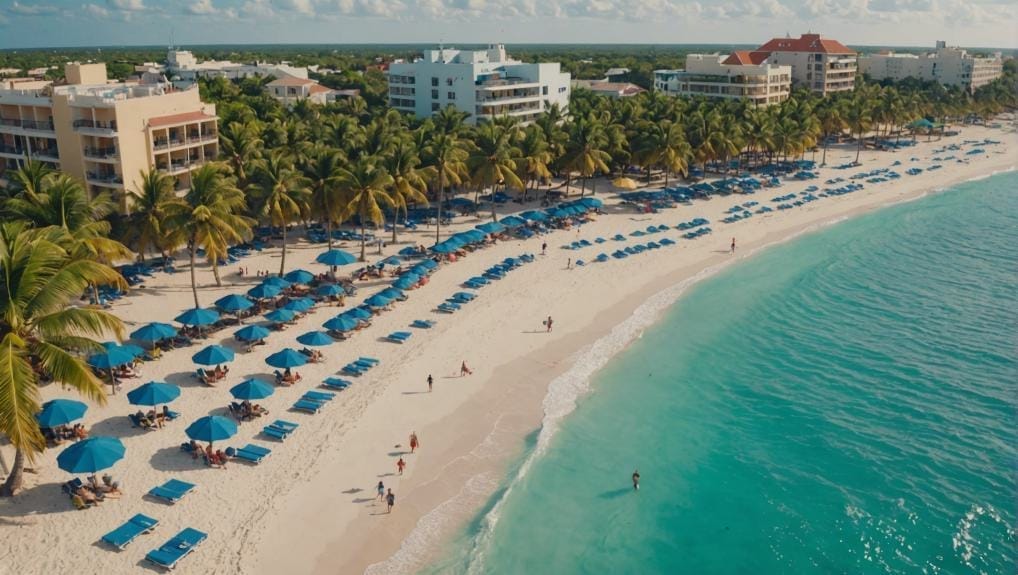 Aerial view of Playa del Carmen, Riviera Maya, with a white sandy beach lined with palm trees, blue umbrellas, and sun loungers, flanked by buildings and clear turquoise ocean waters.