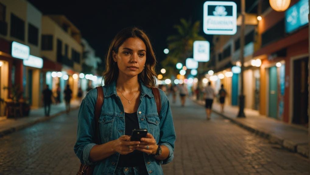 Young woman holding a phone standing on a lively street at night in Playa del Carmen, Riviera Maya, Quintana Roo, Mexico.