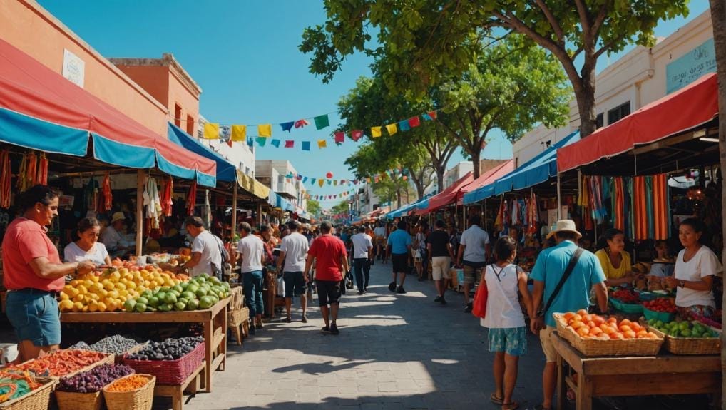 A bustling street market in Playa del Carmen, Quintana Roo, Mexico, with colorful stalls selling fruits, clothing, and various goods under bright sunny skies.