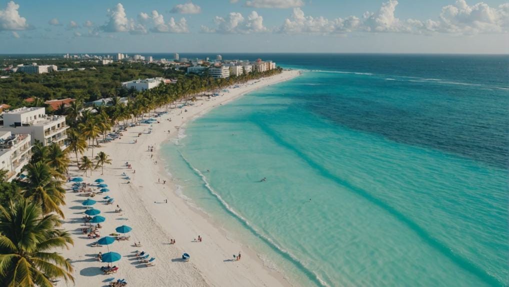 Aerial view of the white sandy beach and turquoise waters of Playa del Carmen, Riviera Maya, with palm trees and beachgoers enjoying the shore.