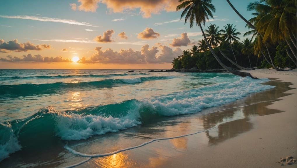Tropical sunrise over the beach with waves gently crashing onto the shore, surrounded by swaying palm trees in Playa del Carmen, Riviera Maya, Quintana Roo, Mexico.