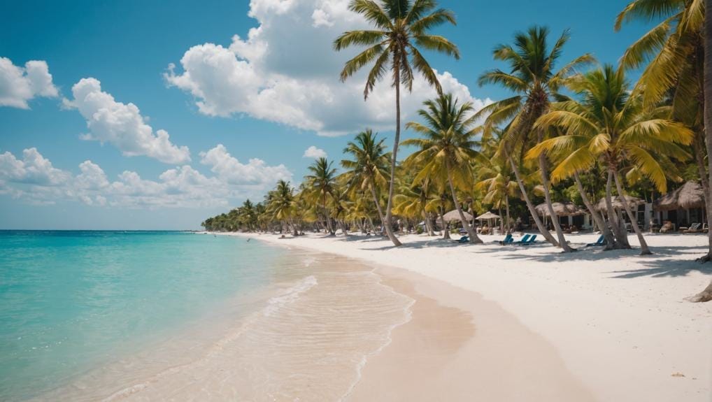 A picturesque view of Playa del Carmen beach with clear turquoise water, white sand, and lush palm trees under a blue sky with fluffy clouds.