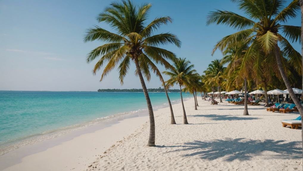  Tropical beach in Playa del Carmen, Riviera Maya, with palm trees, white sand, turquoise ocean, and beach loungers under umbrellas.