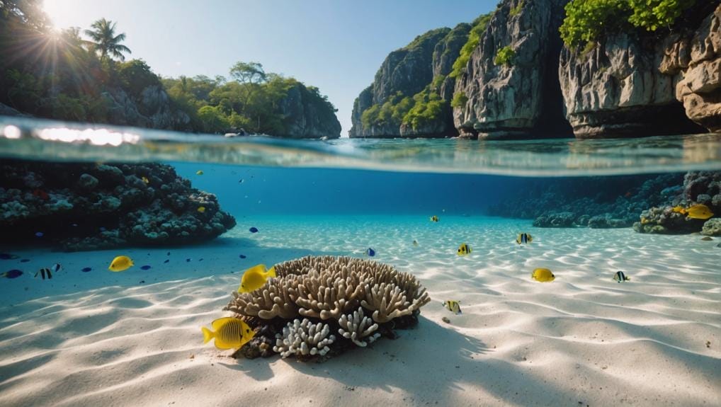Split-view image of a serene underwater scene and majestic rocky cliffs at Playa del Carmen, Riviera Maya, Quintana Roo, Mexico, with tropical fish swimming around a coral formation under the crystal-clear water.