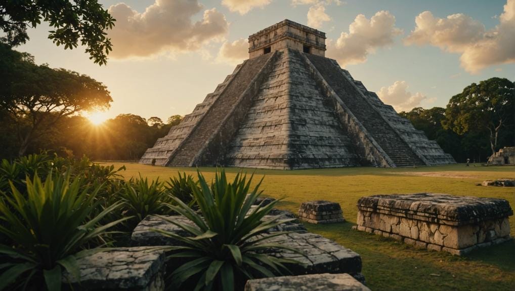The iconic El Castillo pyramid at Chichen Itza during sunset, with the sun casting a warm glow over the ancient Mayan ruins and lush greenery in the foreground.