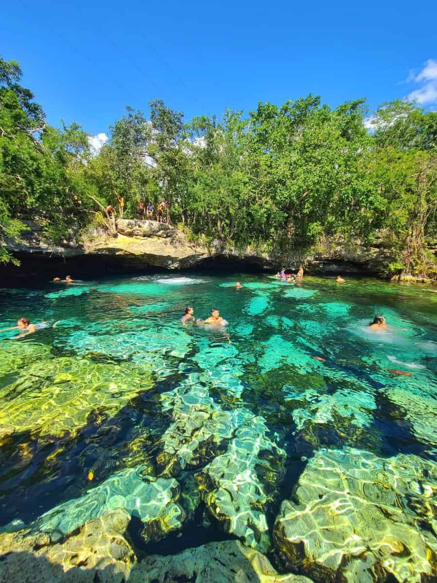 cenote azul - Things to do in Playa del Carmen Clear turquoise waters of Cenote Azul near Playa del Carmen, Mexico, surrounded by lush greenery and rocky ledges with people swimming and enjoying the natural pool.