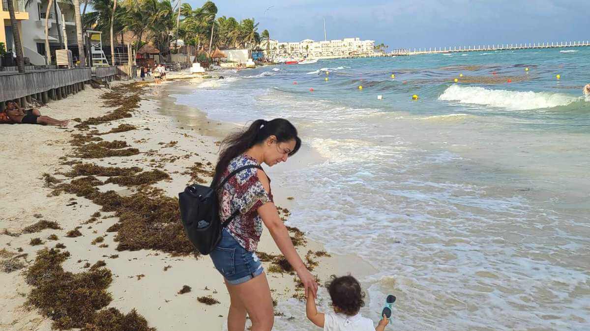 Woman and child walking along a beach in Playa del Carmen, Quintana Roo, Mexico, with sargassum seaweed covering parts of the sand.