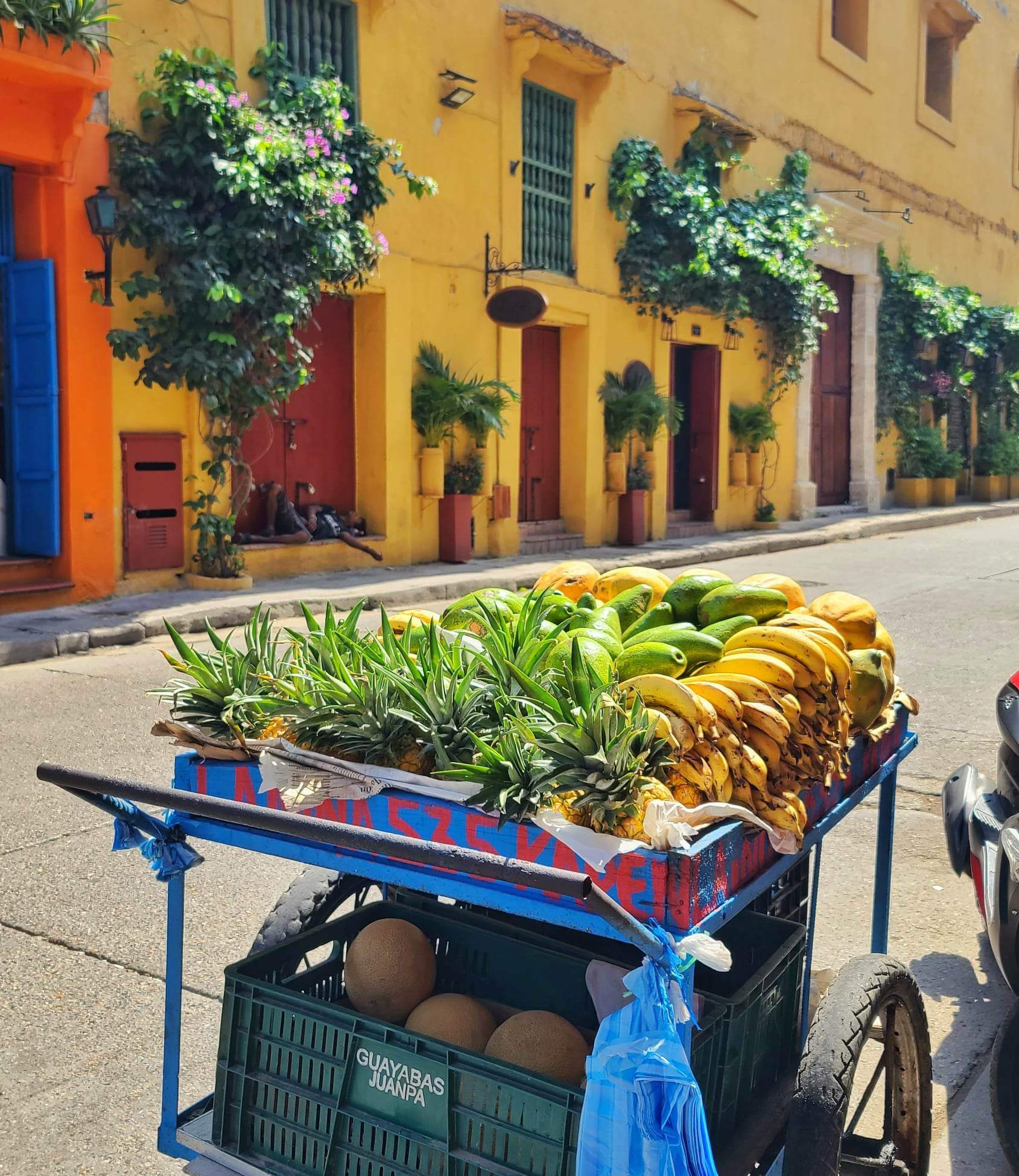 A fruit cart filled with pineapples, bananas, and melons parked on a colorful street in Cartagena, Colombia. The background features vibrant yellow and orange buildings adorned with lush green plants.