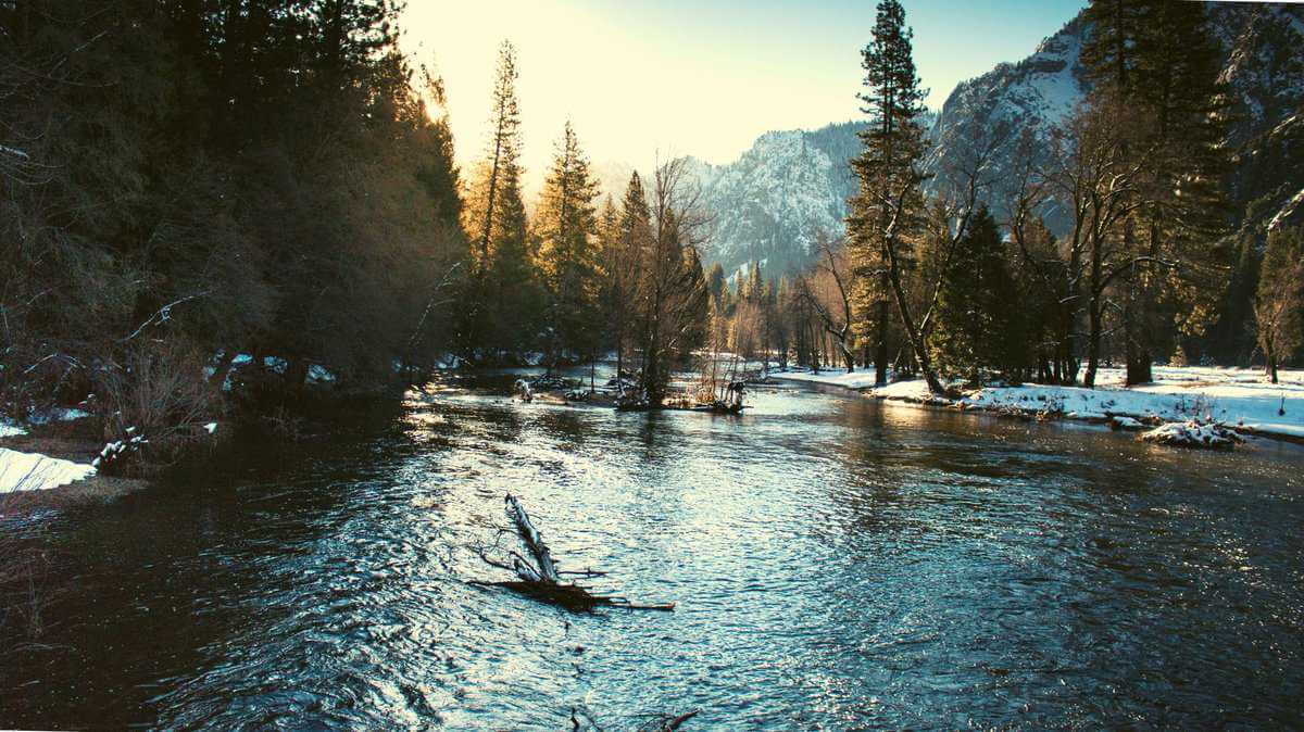 Sunset reflecting on the Merced River surrounded by snowy banks and pine trees in Yosemite National Park.