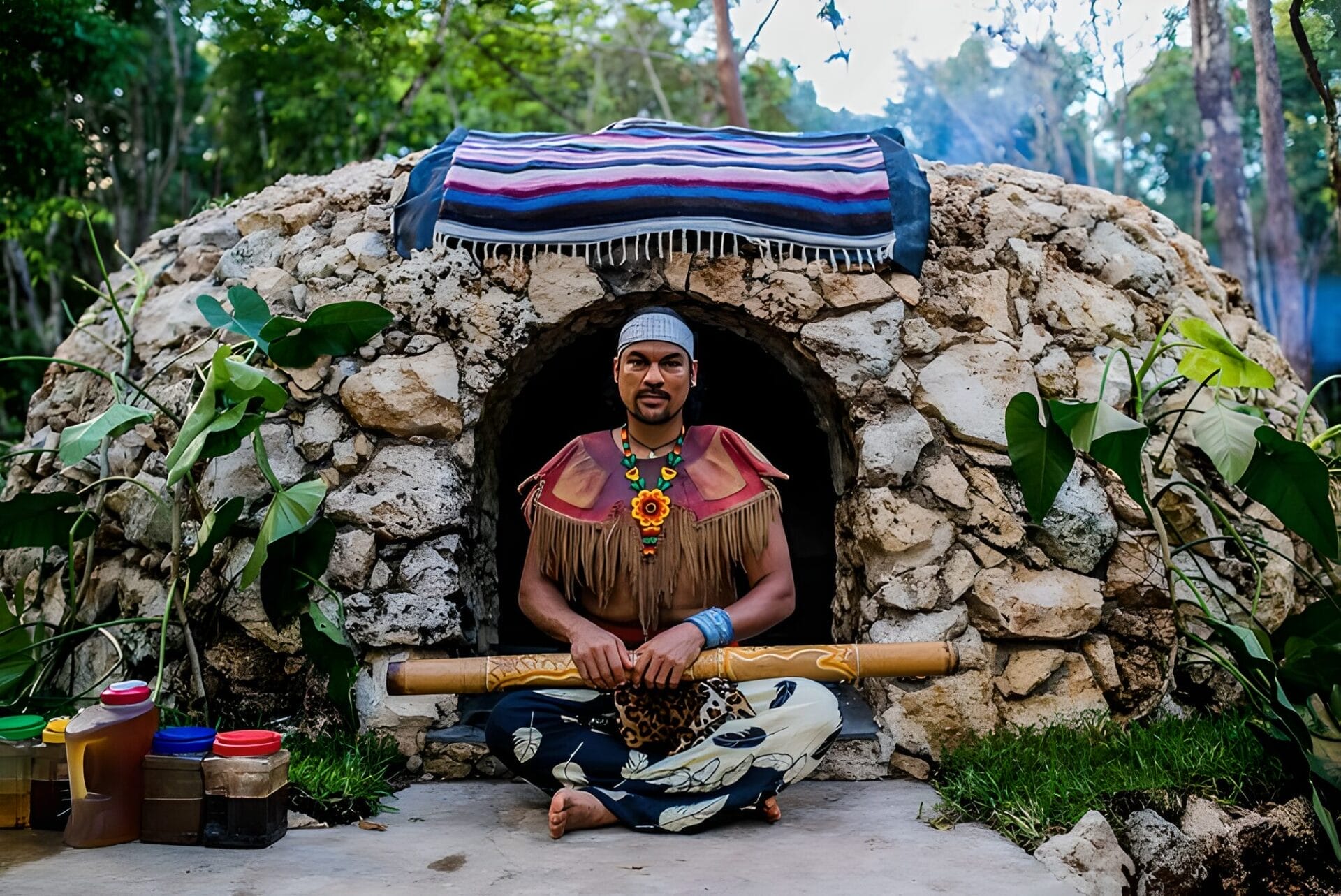 A man sitting cross-legged in front of a traditional stone Temazcal structure in Tulum, Mexico, preparing for a Temazcal ceremony.