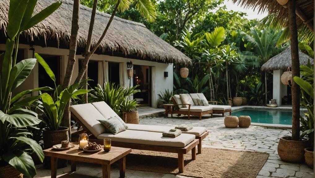 A serene tropical outdoor area with lounge chairs, a table with drinks, lush greenery, and a swimming pool, located in Tulum, Mexico.