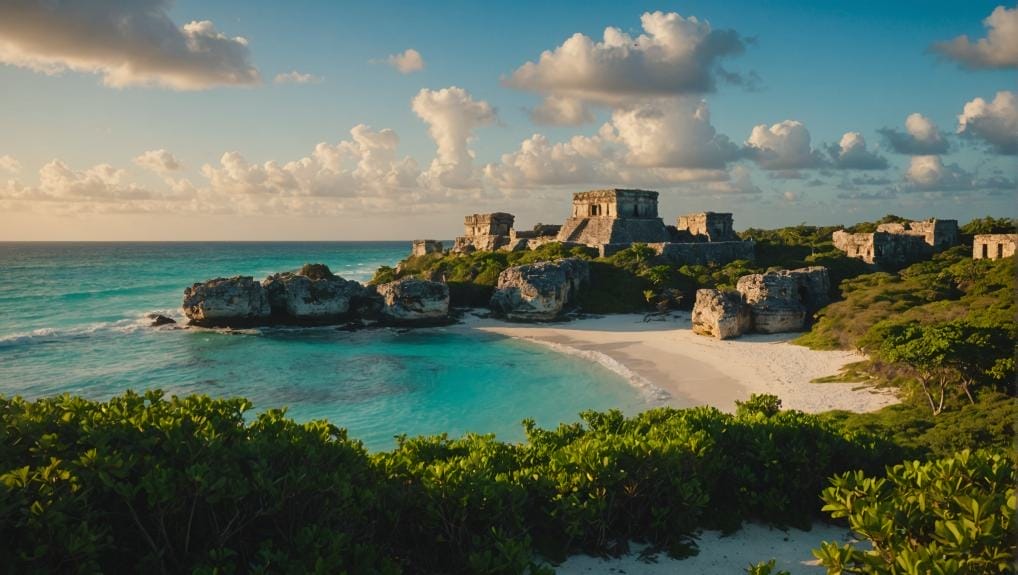 A picturesque view of the ancient Tulum ruins in Mexico, located by the turquoise waters of the Caribbean Sea. The ruins are surrounded by lush greenery and white sand beaches under a partly cloudy sky.