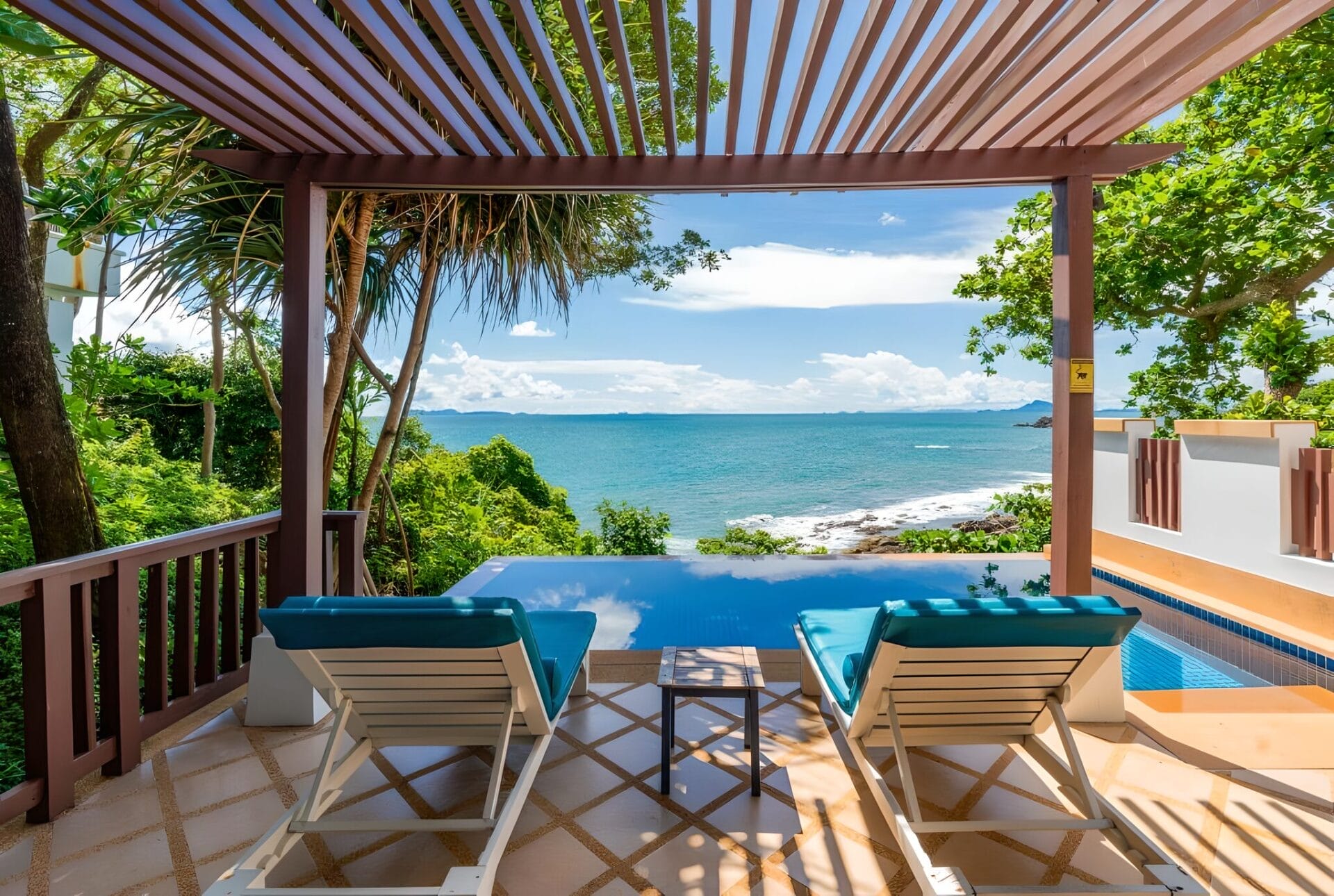 Infinity pool with ocean view at Avani Plus Koh Lanta Krabi Resort in Koh Lanta, Thailand.