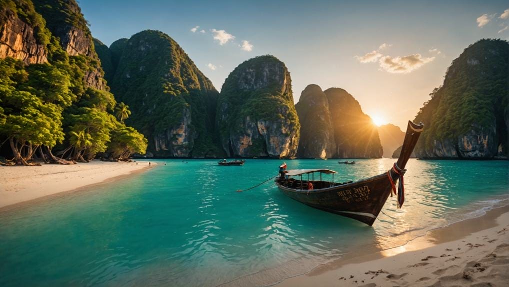 Traditional long-tail boat on the turquoise waters of Maya Bay with limestone cliffs in the background under a setting sun in Thailand.